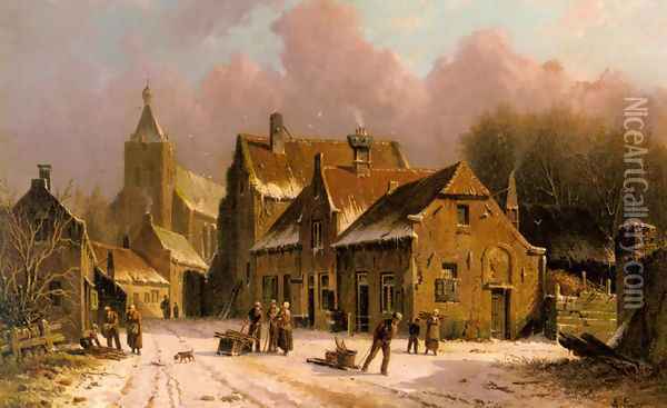 A Village In Winter Oil Painting - Adrianus Eversen