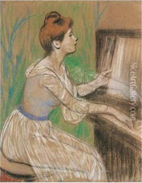 Al Pianoforte (at The Piano) Oil Painting - Federigo Zandomeneghi