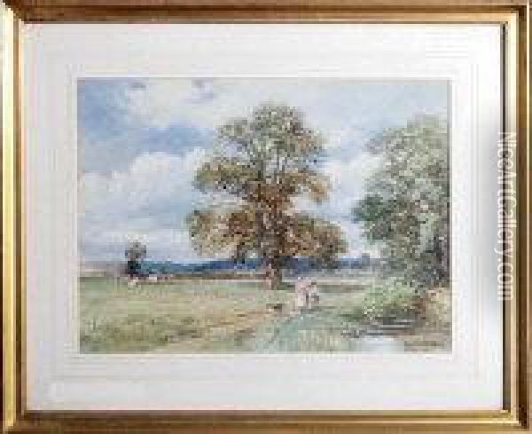 Country Landscape With Two Children And Their Dog Oil Painting - David Bates