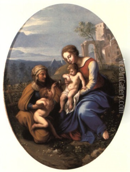The Madonna And Child With The Infant St. John The Baptist And St. Elizabeth Oil Painting - Giovanni Battista Salvi (Il Sassoferrato)