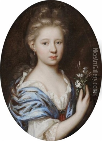 Portrait De Jeune Fille Tenant Un Bouquet De Fleurs Oil Painting - Herman van der Mijn