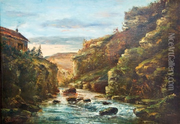 Gebirgstal Mit Flusslauf Oil Painting - Gustave Courbet