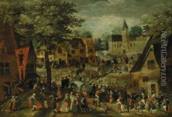 Villagers In Town On Market Day Oil Painting - Marten Van Cleve