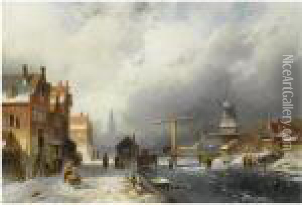 A Wintry Dutch Town With Skaters On A Frozen Canal Oil Painting - Charles Henri Leickert