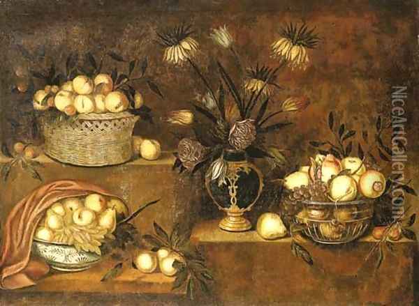 Peaches in a wicker basket, a vase of flowers and bowls with pears, grapes and pomegranates on stepped ledges Oil Painting - Antonio Ponce