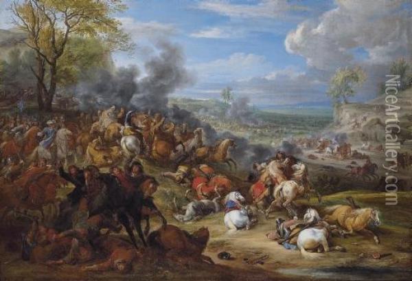 French Troops In Battle In An Extensive Landscape Oil Painting - Adam Frans van der Meulen