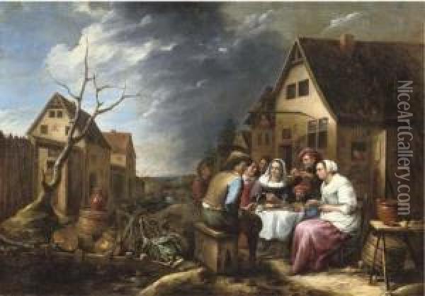Peasants Eating And Drinking Before An Inn Oil Painting - Gillis van Tilborgh