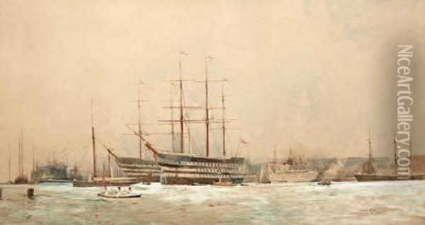 Shipping In A Busy Harbour, Possibly Portsmouth Oil Painting - Charles Edward Dixon