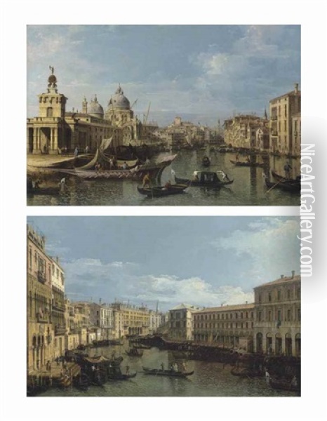 Venice: The Entrance To The Grand Canal; And The Grand Canal From The Ca' Da Mosto To The Fabbriche Nuove, With The Rialto Bridge Oil Painting - Bernardo Bellotto