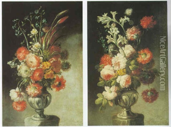 Still Life Of Various Flowers In Pewter Vases, On Stone Pedestals Oil Painting - Baldassare De Caro
