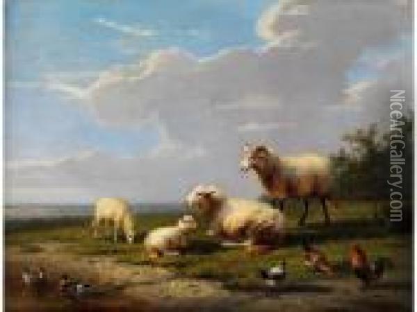 Weite Fruhlingslandschaft Mit Schaffamilie Sowie Huhnern Und Enten Oil Painting - Franz van Severdonck