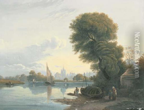 Figures On The Bank Of The River Thames Oil Painting - John Varley