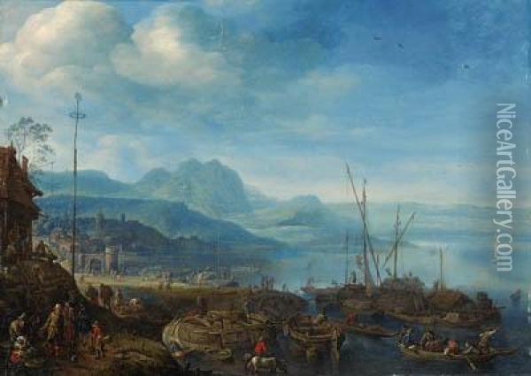 A View Of Linz Am Rhein, With Barges Unloading At A Quay, An Innnearby Oil Painting - Herman Saftleven