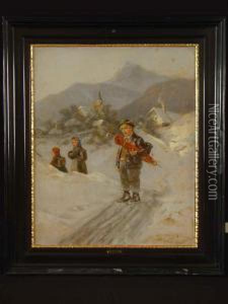 Drei Kinder Auf Dem Heimweg Durch Verschneites Dorf Oil Painting - Albert Muller-Lingke