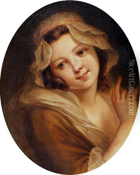 Study Of A Young Girl, Oval Oil Painting - Jean Baptiste Greuze