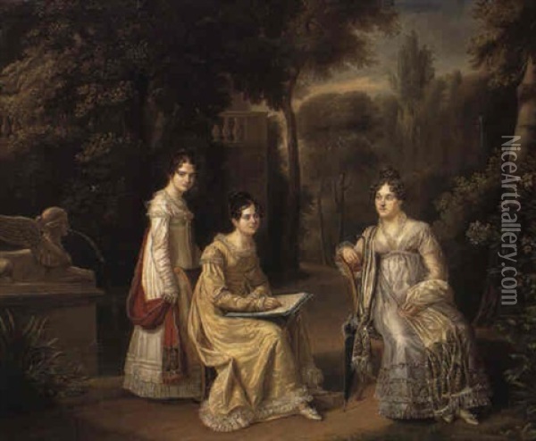 Portrait Of Three Ladies, One Sketching, In A Park Oil Painting - Jean-Baptiste Borely
