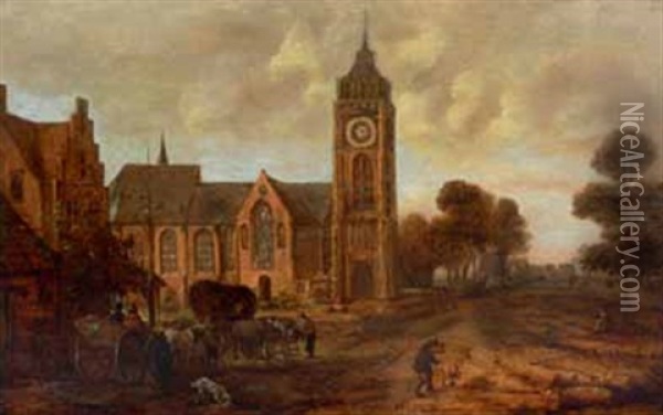 Rue De Village Longeant Une Eglise Avec Une Carriole De Villageois Et Des Paysans Oil Painting - Aert van der Neer