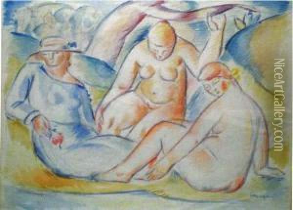 Trois Femmes Dans Un Paysage Oil Painting - Waclaw Wasowicz