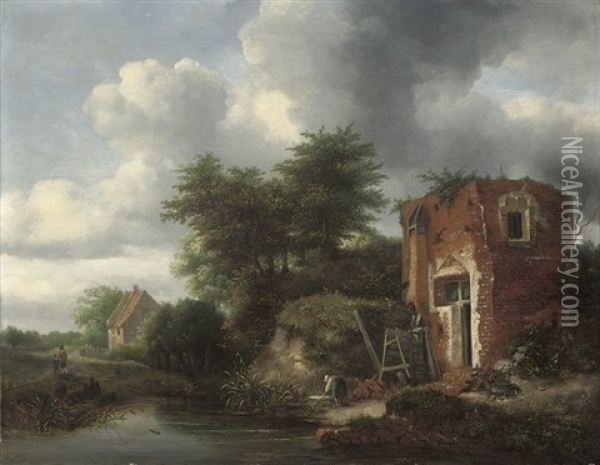 A Wooded River Landscape With A Washerwoman By A Cottage Oil Painting - Jacob van Ruysdael