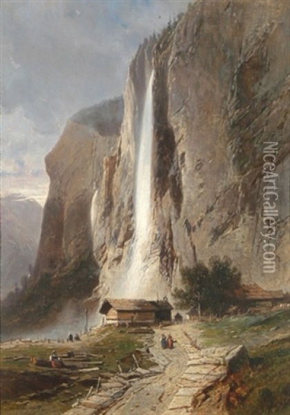Der Staubbachfall Im Lauterbrunnental Oil Painting - Eugene Deshayes