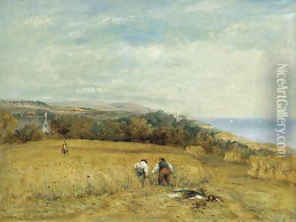 Harvesters in a cornfield on the Isle of Wight, Flambro castle beyond Oil Painting - Frederick Waters Watts