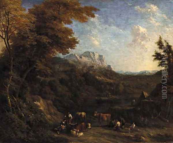 A wooded landscape with peasants and their livestock resting by a river Oil Painting - Jacob Huysmans