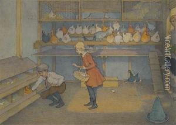 Children Gathering Eggs In Chicken Coop. Oil Painting - Elmer Boyd Smith