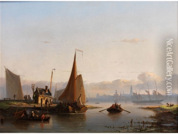 Flusslandschaft Mit Booten, Figuren Und Stadt Im Hintergrund Oil Painting - Nicolaas Riegen