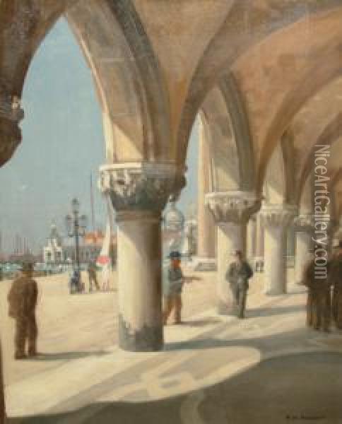 Figures Promenading Viewed From The Loggia, Piazetta, Venice Oil Painting - Richard Wharton Marriott