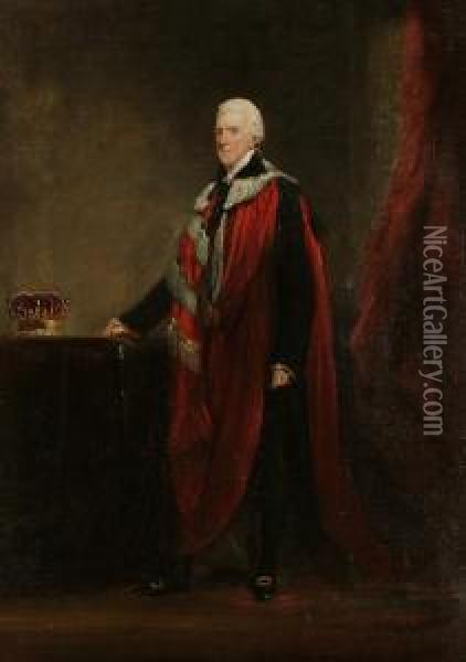 Portrait Full Length, Thought To
 Be Of The Earl Of Harewood, Wearing Ceremonial Robes, Standing Next To A
 Coronet On A Table Oil Painting - John Jackson