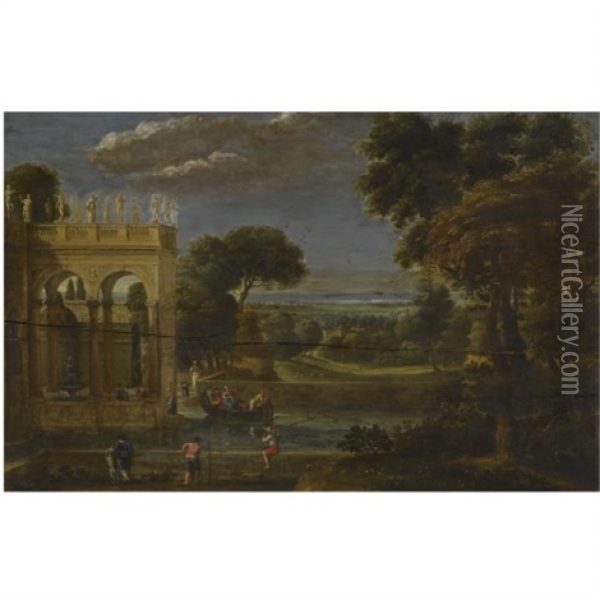 A Classical Wooded Landscape With Figures By A Palace Oil Painting - Giovanni Battista Viola