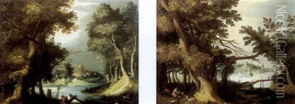 Paysage Aux Chasseurs (+ Another, Similar; Pair) Oil Painting - Marten Ryckaert