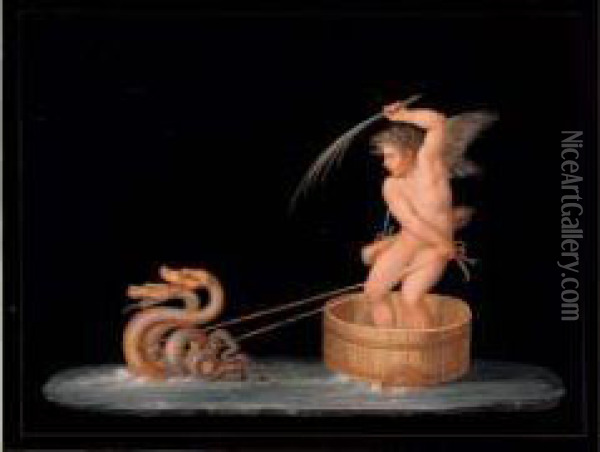 Cupidon Sur Son Char Tire Par Deux Dragons Oil Painting - Michaelangelo Maestri