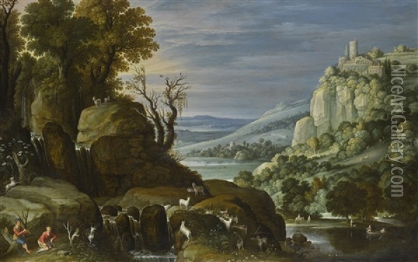 Mountainous Landscape With A Clifftop Castle And Goats Frolicking On The Rocks Oil Painting - Marten Ryckaert