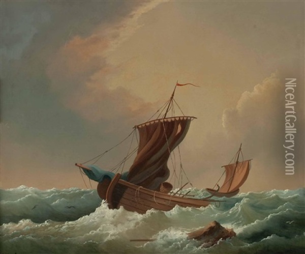 Sinkendes Segelschiff Und Rettungsboot Oil Painting - Josef Karl Berthold Puettner