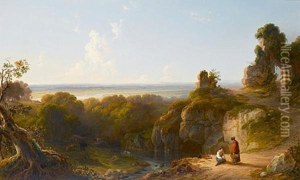 View On The Medway Near Maidstone, With Figures Resting Beside The River Oil Painting - John F Tennant