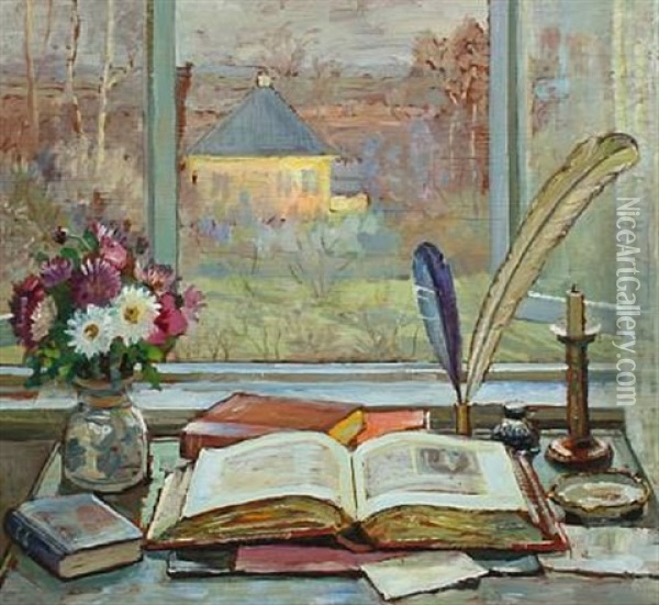 View Through A Window Oil Painting - Matthias M. Peschcke-Koedt