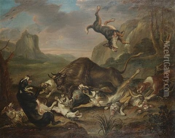 A Bull Attacking Dogs Oil Painting - Juriaen Jacobsz