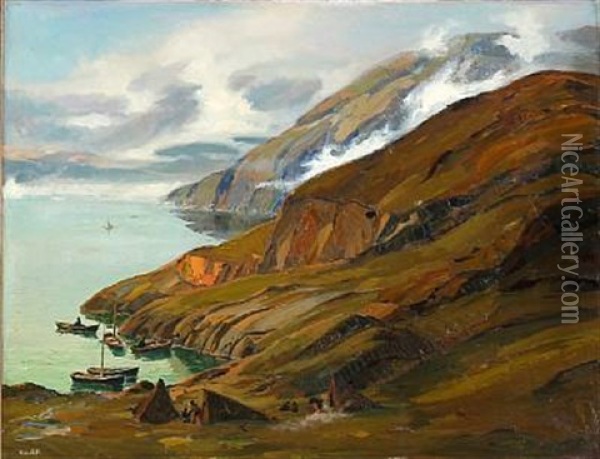 Landscape From Greenland With Inuits On A Summer Settlement Oil Painting - Emanuel A. Petersen