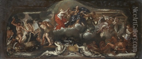 The Triumph Of Peace With The Cyclopes Making Armour And The Figure Of War In Chains; A Detail From The Ceiling Of The Salone In The Palazzo Barberini, Rome Oil Painting - Ciro Ferri
