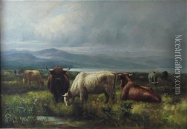 Highland Cattle Grazing At A Lochside Oil Painting - Joseph Denovan Adam