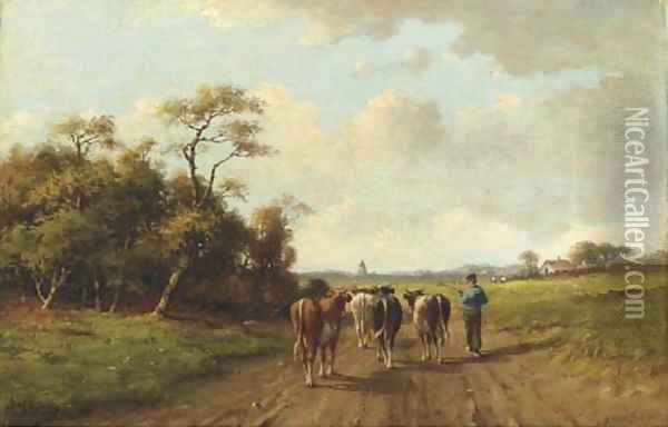 Leading the cattle to the pasture Oil Painting - Adriaan Marinus Geyp