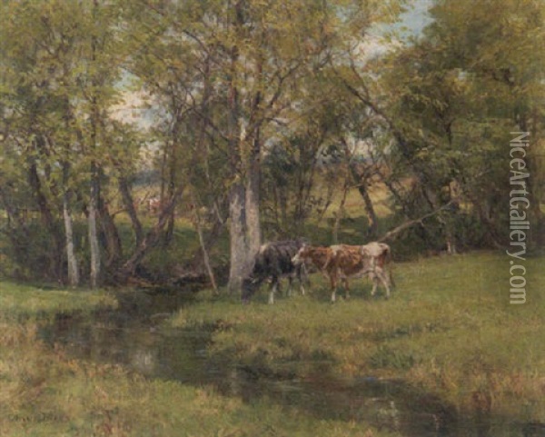 Impressionist Glade, Cows At Stream Oil Painting - Olive Parker Black