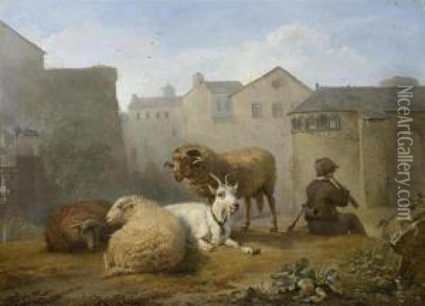 Shepherd With His Sheep Playing Music, Set Before A Town Oil Painting - Hendrik Josef Fr. Van Der Poorten
