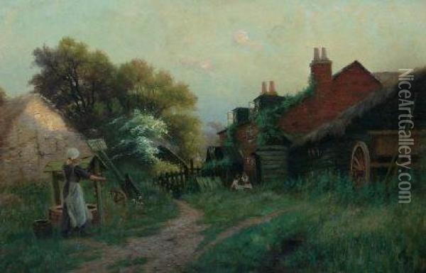 Drawing Water In The Early Morning From A Well In The
 Farmyard Oil Painting - Sidney Pike