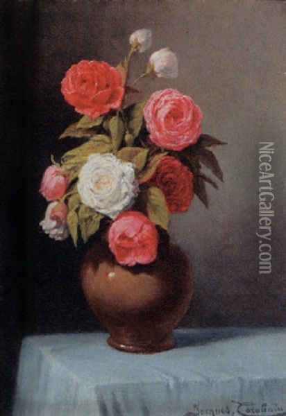 Roses In A Vase Oil Painting - Jacques Francois Carabain
