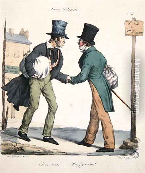 One man leaving and the other returning to hospital, caricature from the Moeurs Parisiennes series, engraved by Langlume, c.1825 Oil Painting - Pigal, Edme Jean