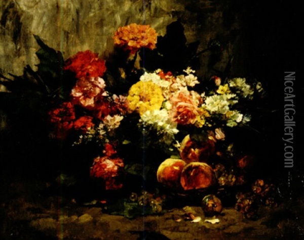 Fleurs Et Corbeille De Fruit Oil Painting - Georges Jeannin