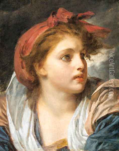 A girl, bust length, wearing a red headscarf 2 Oil Painting - Jean Baptiste Greuze