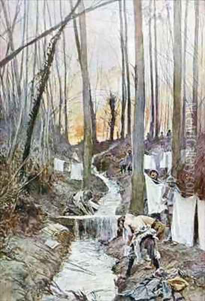 French soldiers wash themselves and do their laundry in a stream in the woods of Roucy Oil Painting - Francois Flameng